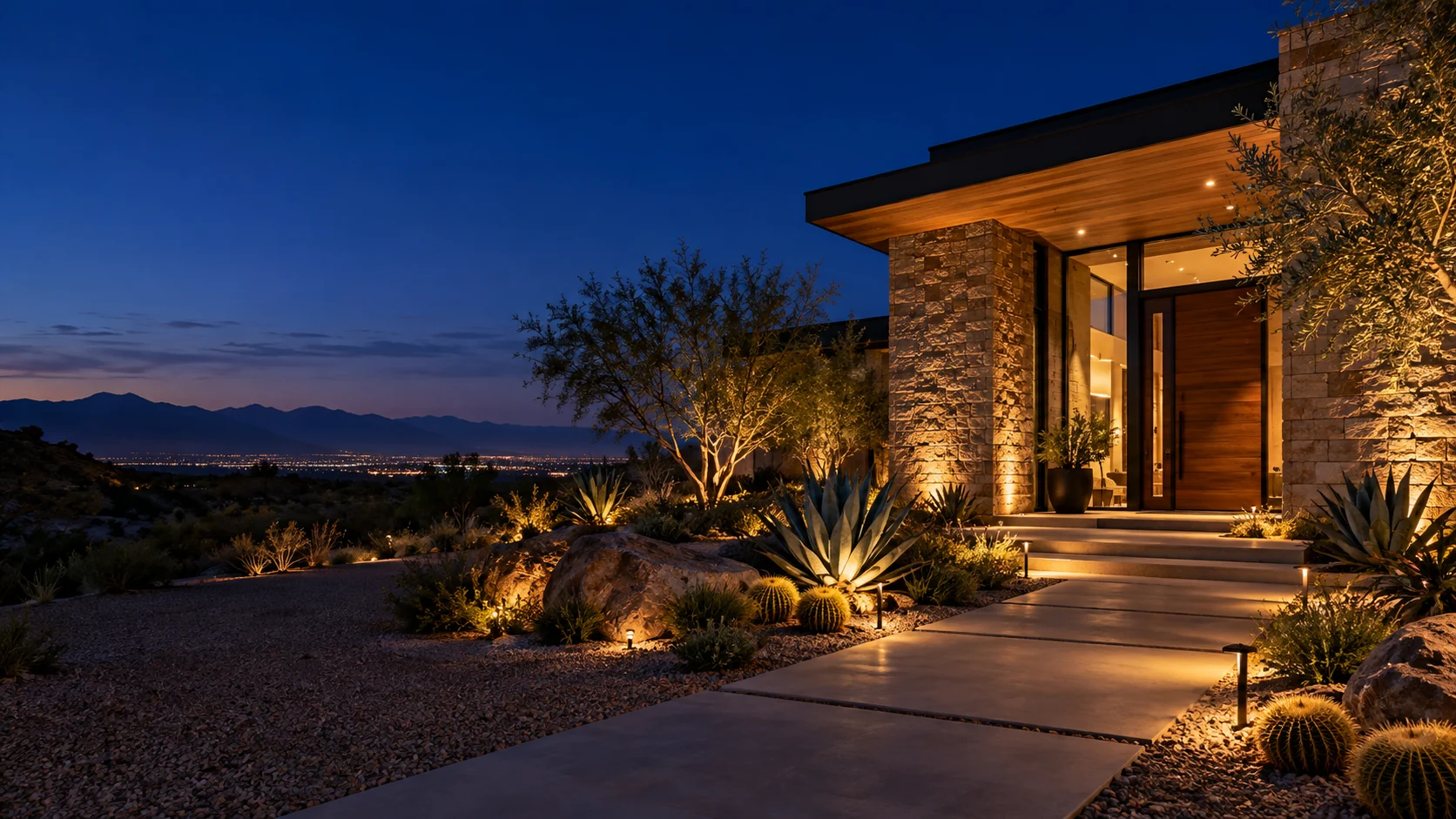 Blue-hour desert courtyard with warm entry lights and mountain views