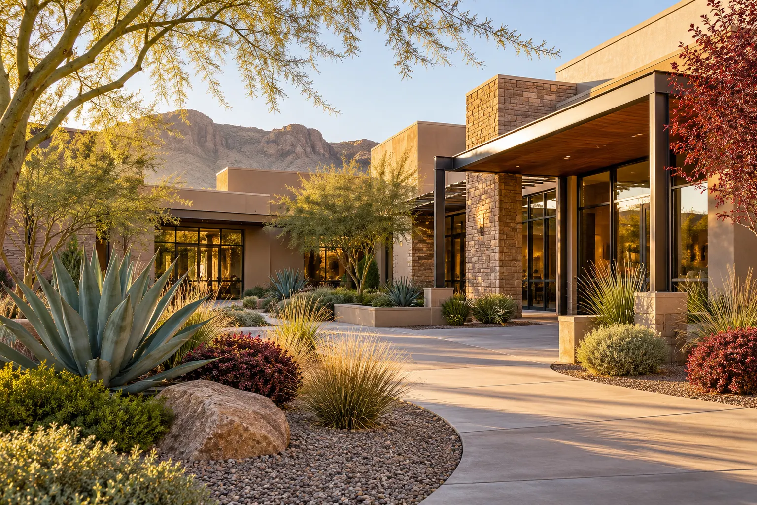 Welcoming desert-landscaped courtyard outside a modern business property