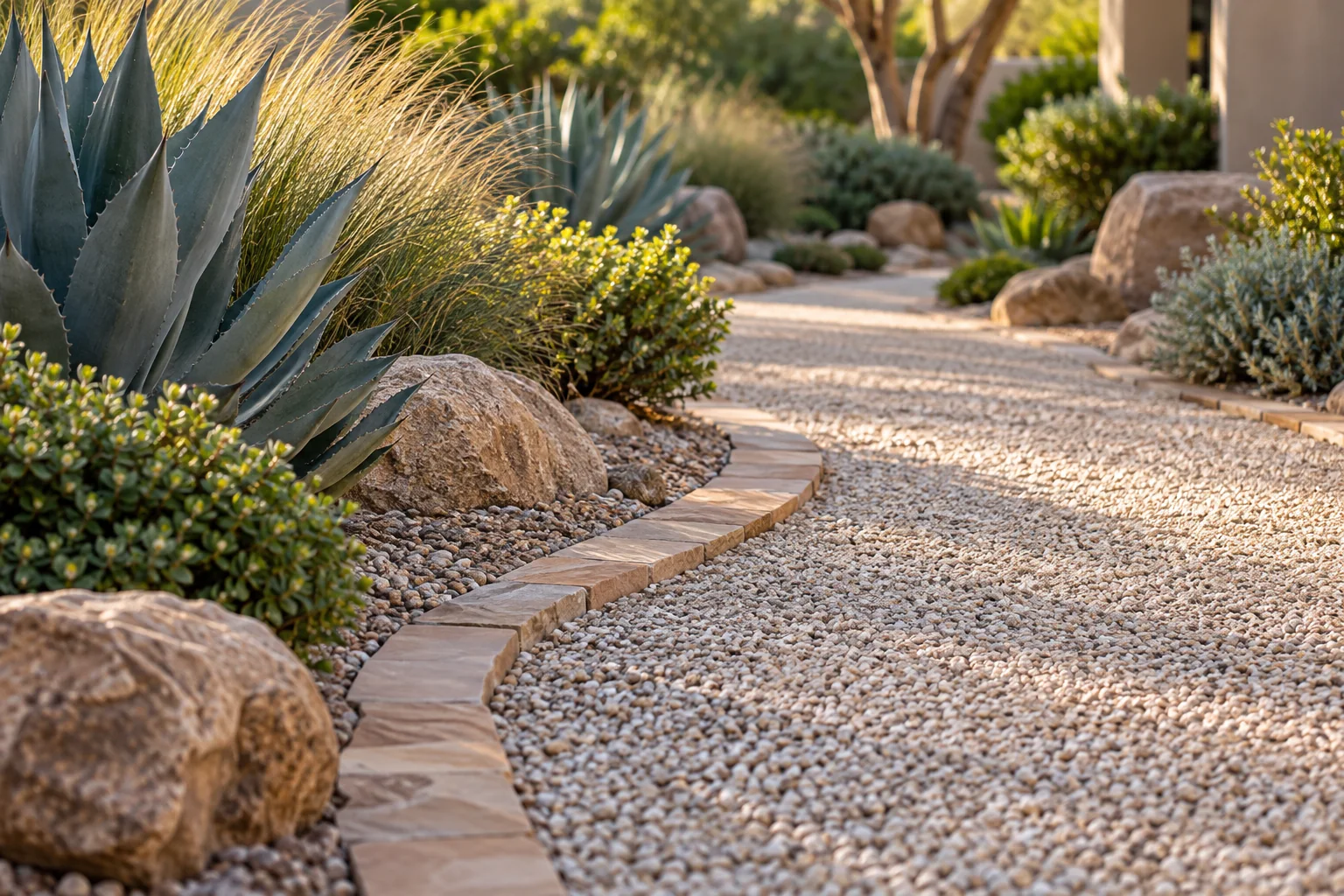 Clean gravel path bordered by desert plants